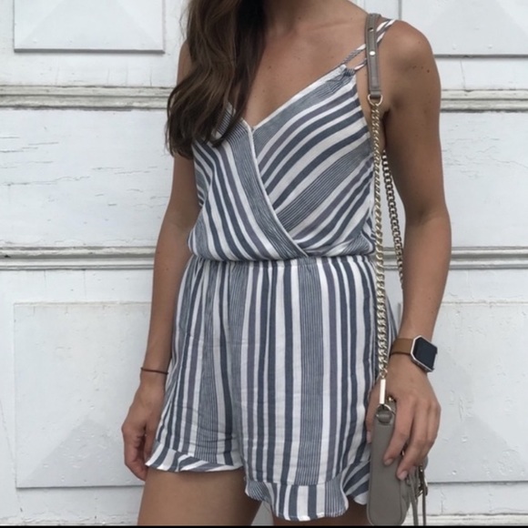 American Eagle Blue & White Striped Open Back Romper - Picture 2 of 10